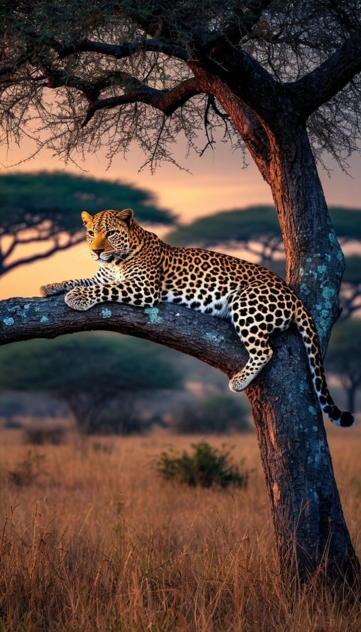 Leopard resting in a tree at sunset